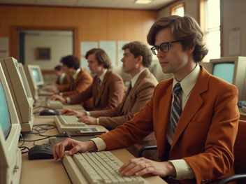 A bustling 1970s professional office during a sunny afternoon, filled with people in brown and orange suits, using beige mainframe computers